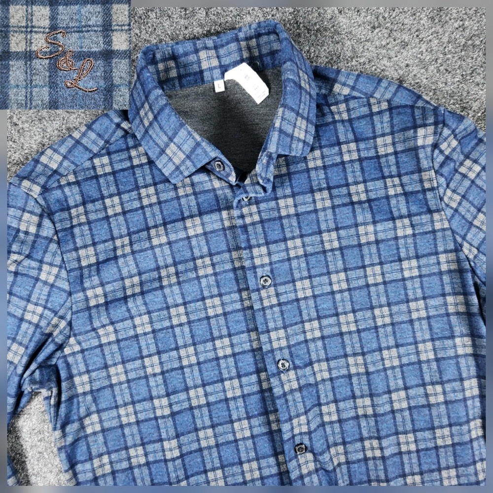 State & Liberty Button Down Mens L Blue Plaid Athletic Fit Stretch Casual Shirt